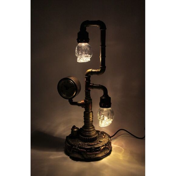 Steampunk Pipework Clock Stand Cordless LED Skull Bulb Copper Accent Desk Light - Picture 3 of 4